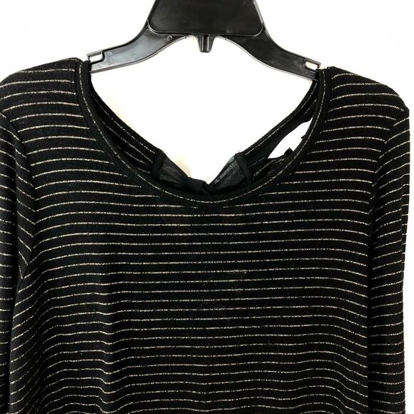 Fairy Lauren Conrad L Black Gold Metallic Striped Lace Hem Tunic Top Tie Back - Picture 3 of 9